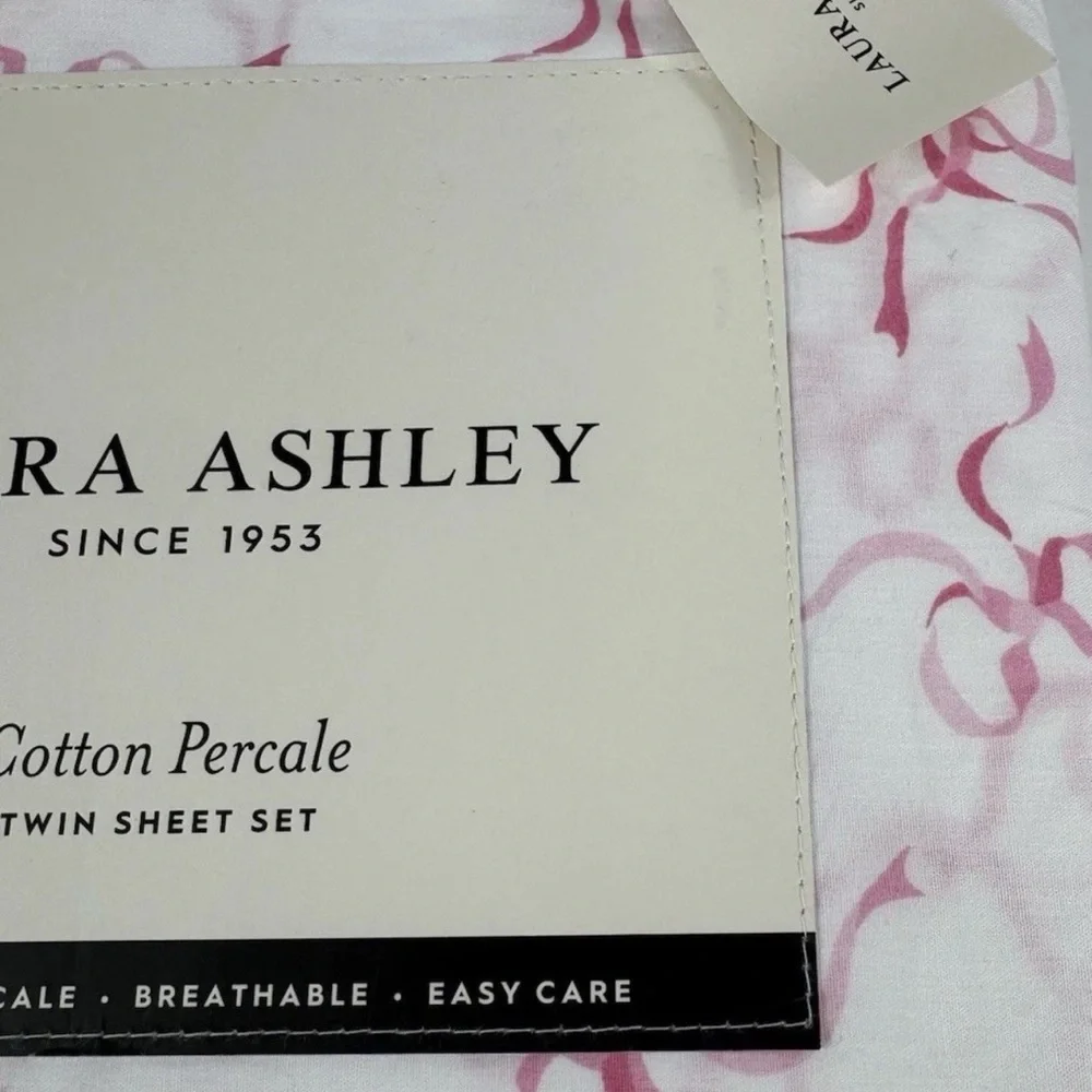 Laura Ashley ~ TWIN Pink Trailing Bows  100% Cotton Percale Breathable 3pc Set - Picture 4 of 6